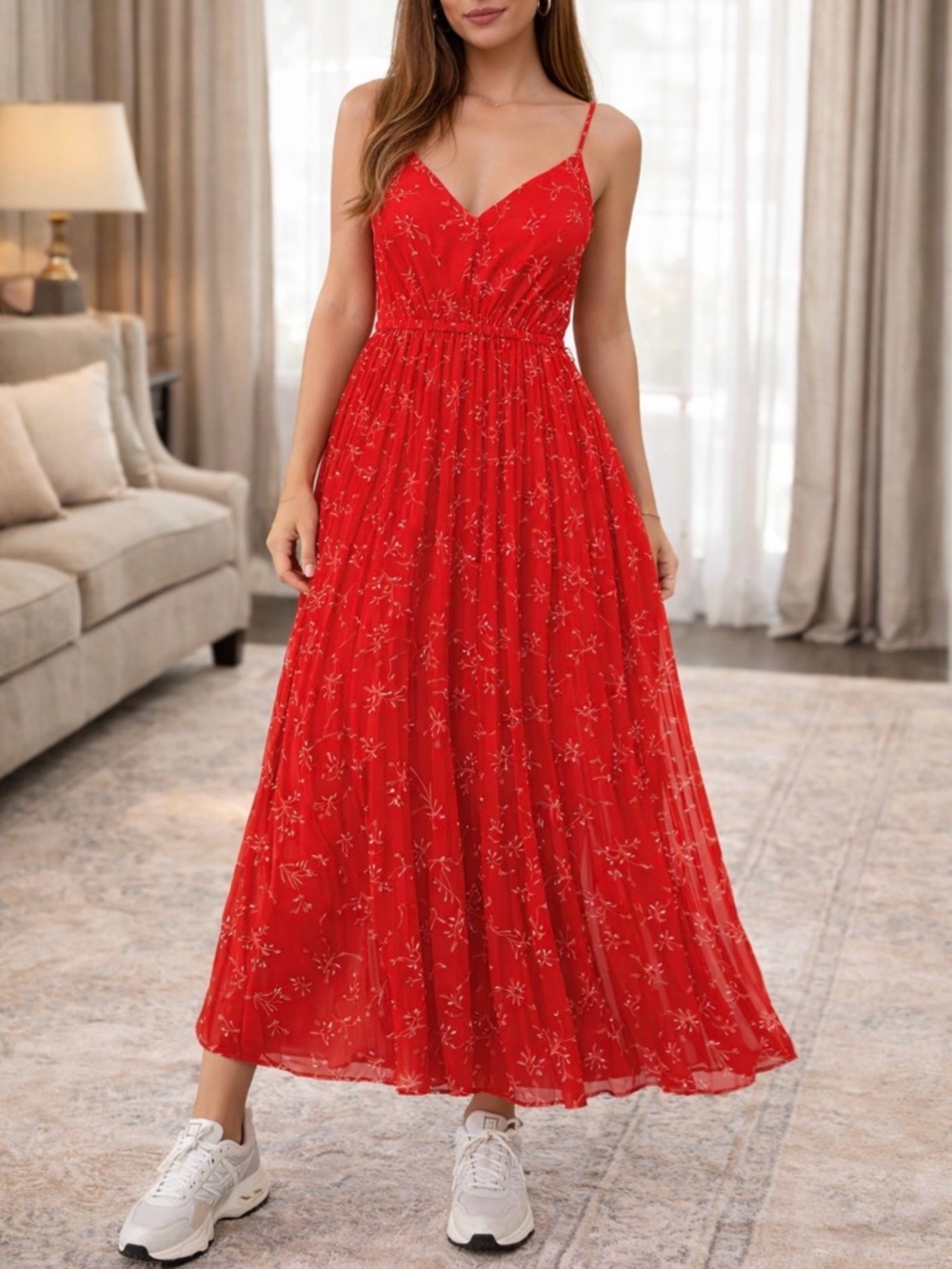 Red Floral Spaghetti-Strap Maxi Dress